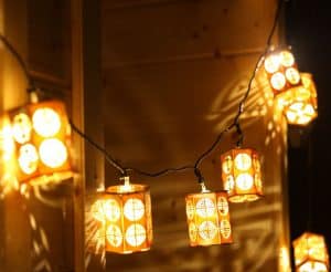 wooden lantern style string lights