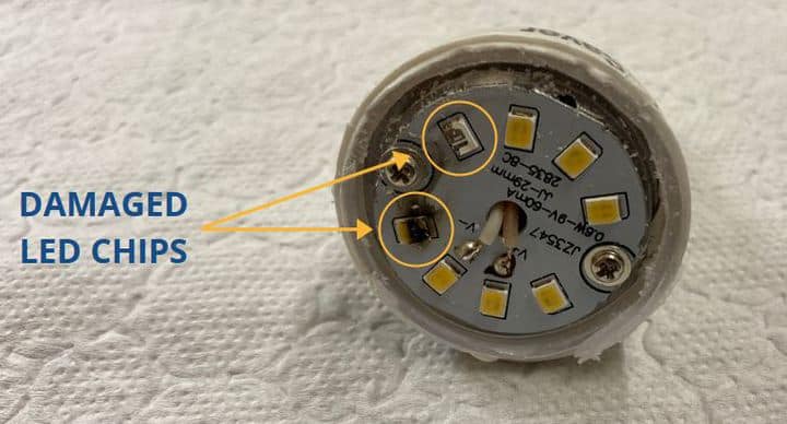 opened LED bulb with faulty diodes