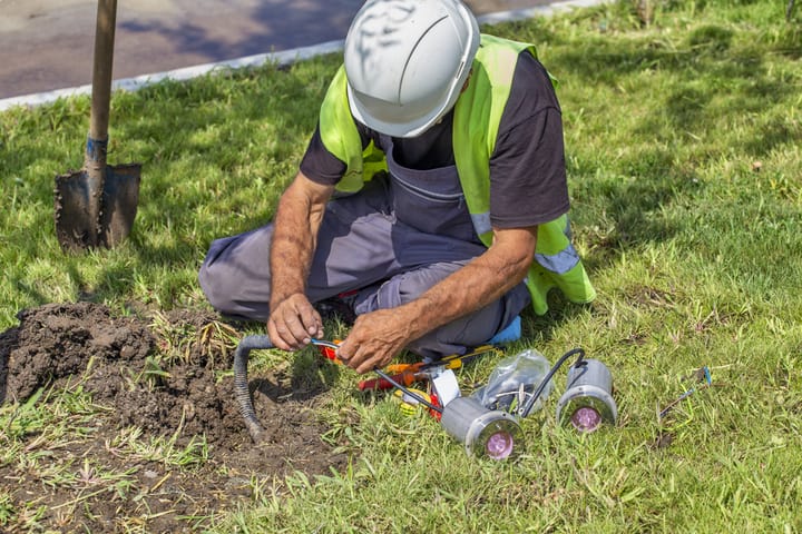 Worker installing outdoor ground spots lights