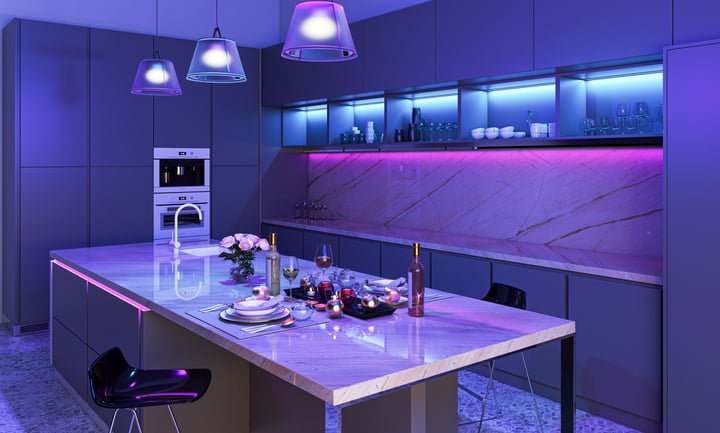 kitchen with led strip lights