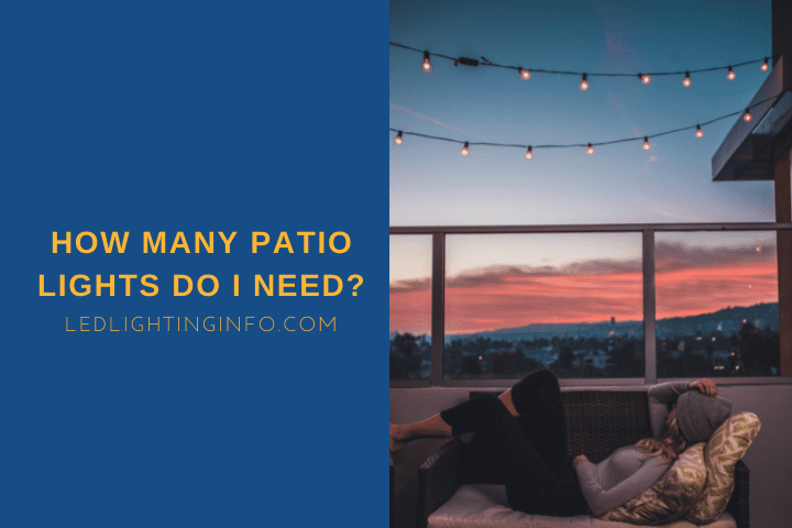 How Many Patio Lights Do I Need?; a woman laying down on sofa on veranda with hanging string lights above her during sunset