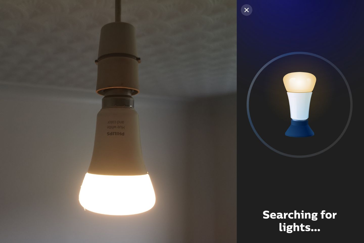 collage of lighted smart bulb and a screenshot of smart lighting app searching lights to connect with