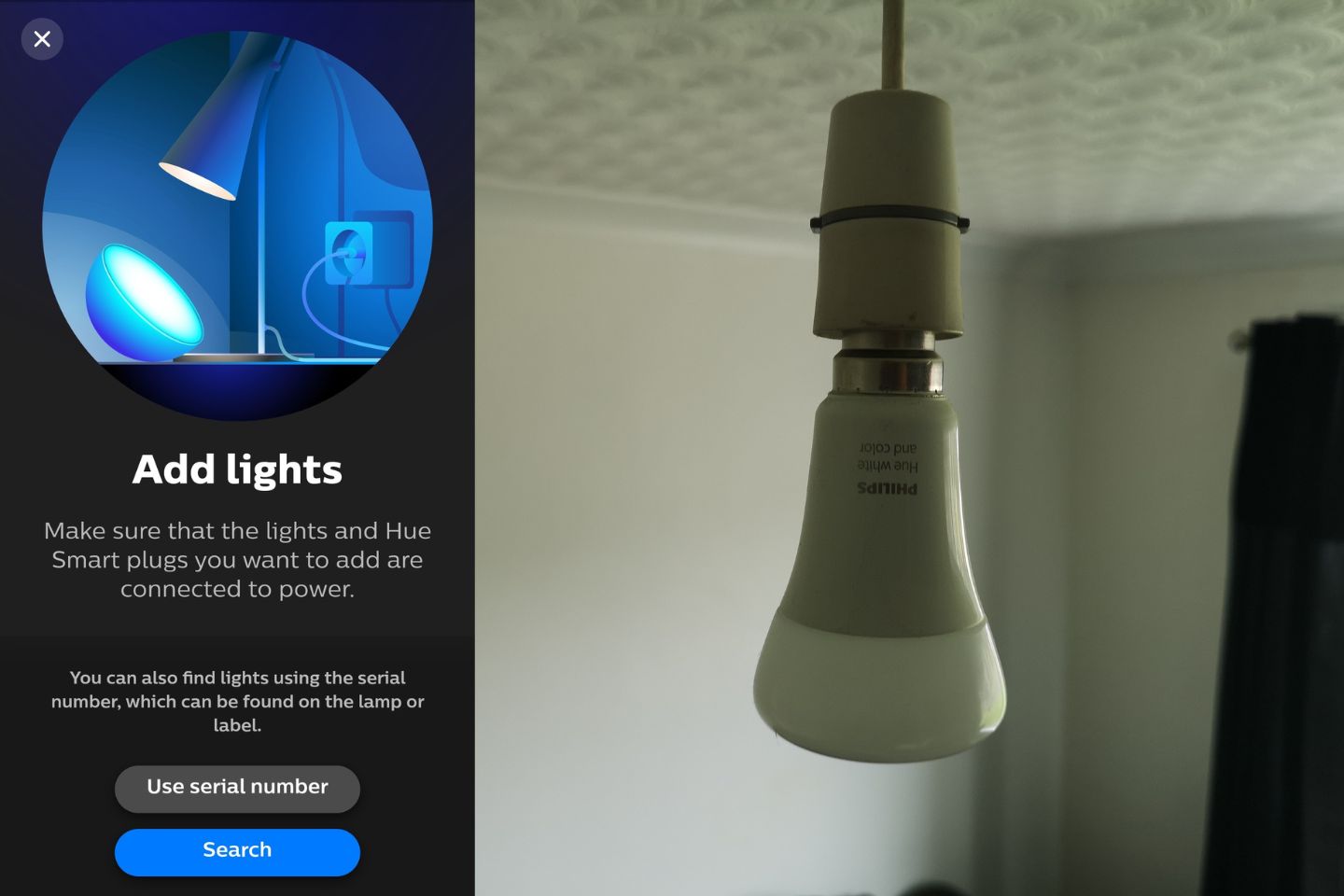 collage of smart lighting app to sync in with light bulb and a Phillip light bulb switched off