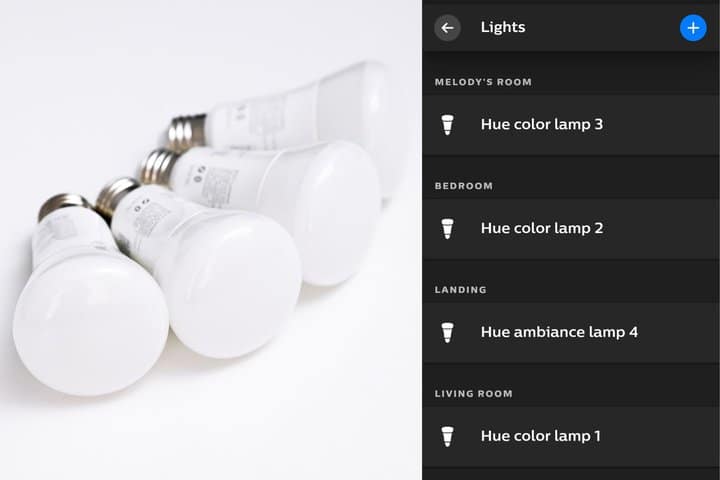 a collage of four smart bulbs on white background and an app to control your smart lighting