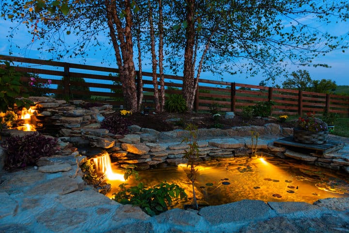 lit up koi pond at night